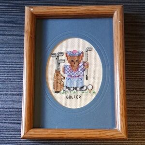 Framed Cross-Stitch Bear Golfer Wall Art - Blue Mat, Oak Frame